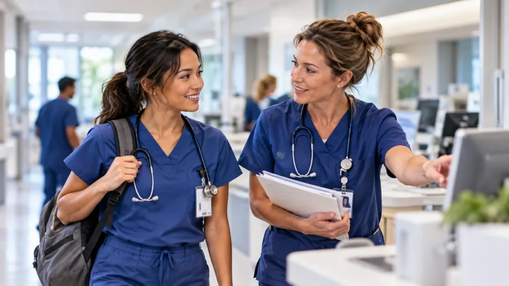 Experienced nurse helping a new healthcare professional during hospital orientation