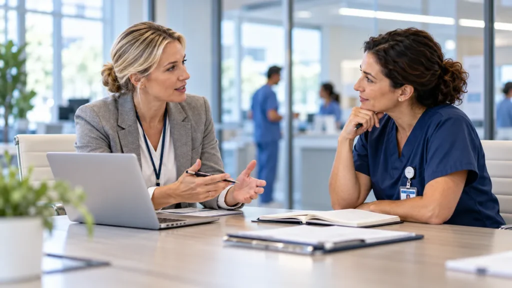 Healthcare staffing professional discussing workforce needs with a nurse manager