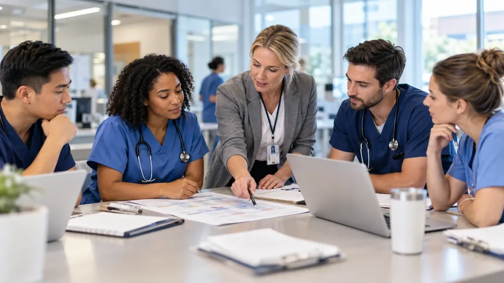 Healthcare manager reviewing staffing schedules with a team of medical professionals
