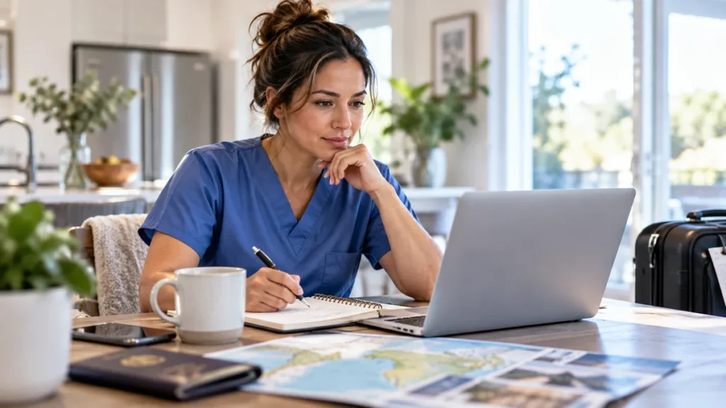 Travel nurse reviewing assignment information and planning travel at home